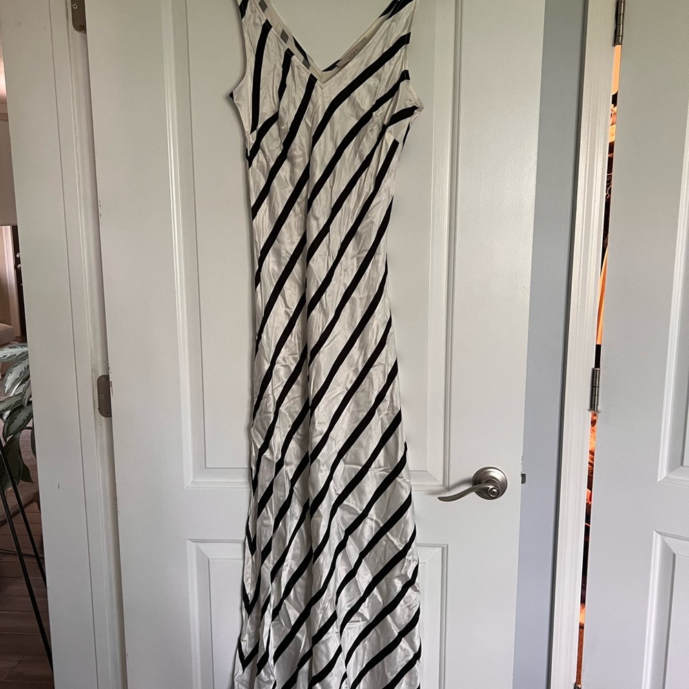 LOFT Black and White Striped Bias Midi Slip Dress